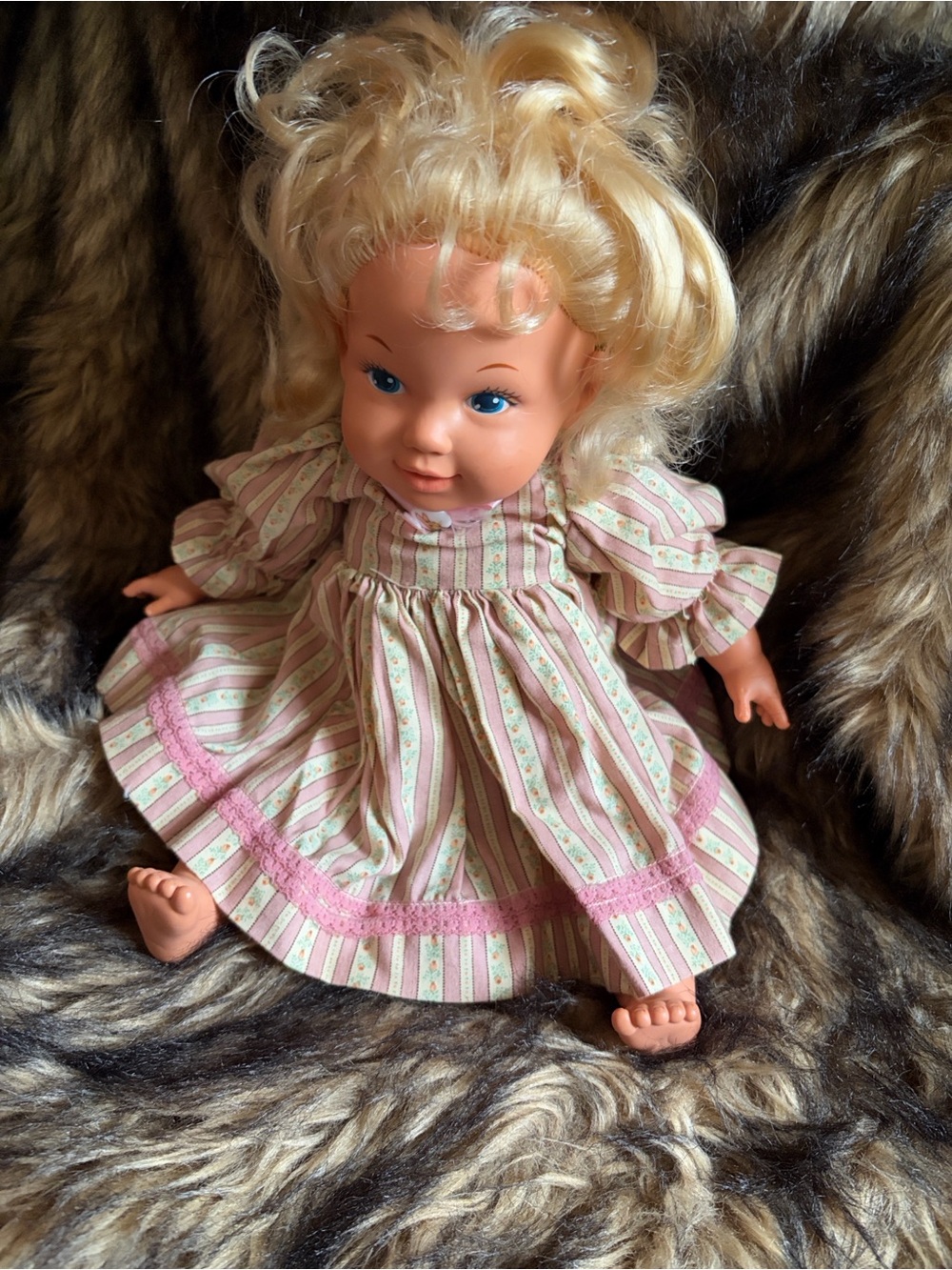 Vintage Little Wishes Blonde Baby Doll in Pink Striped Dress